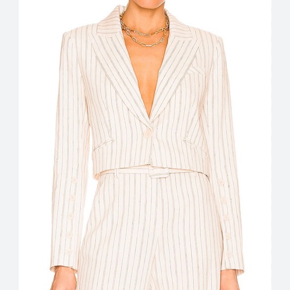 Veronica Beard Jackets & Blazers - Veronica Beard Pinstriped Cropped Armada Linen Blend Jacket